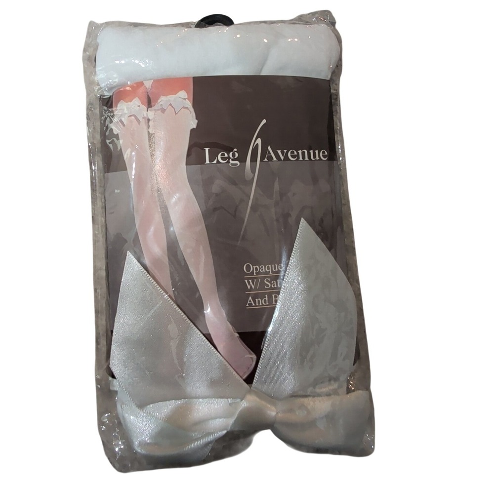 Vintage Leg Avenue White Opaque Bow Thigh High Stockings Y2K Bridal OS